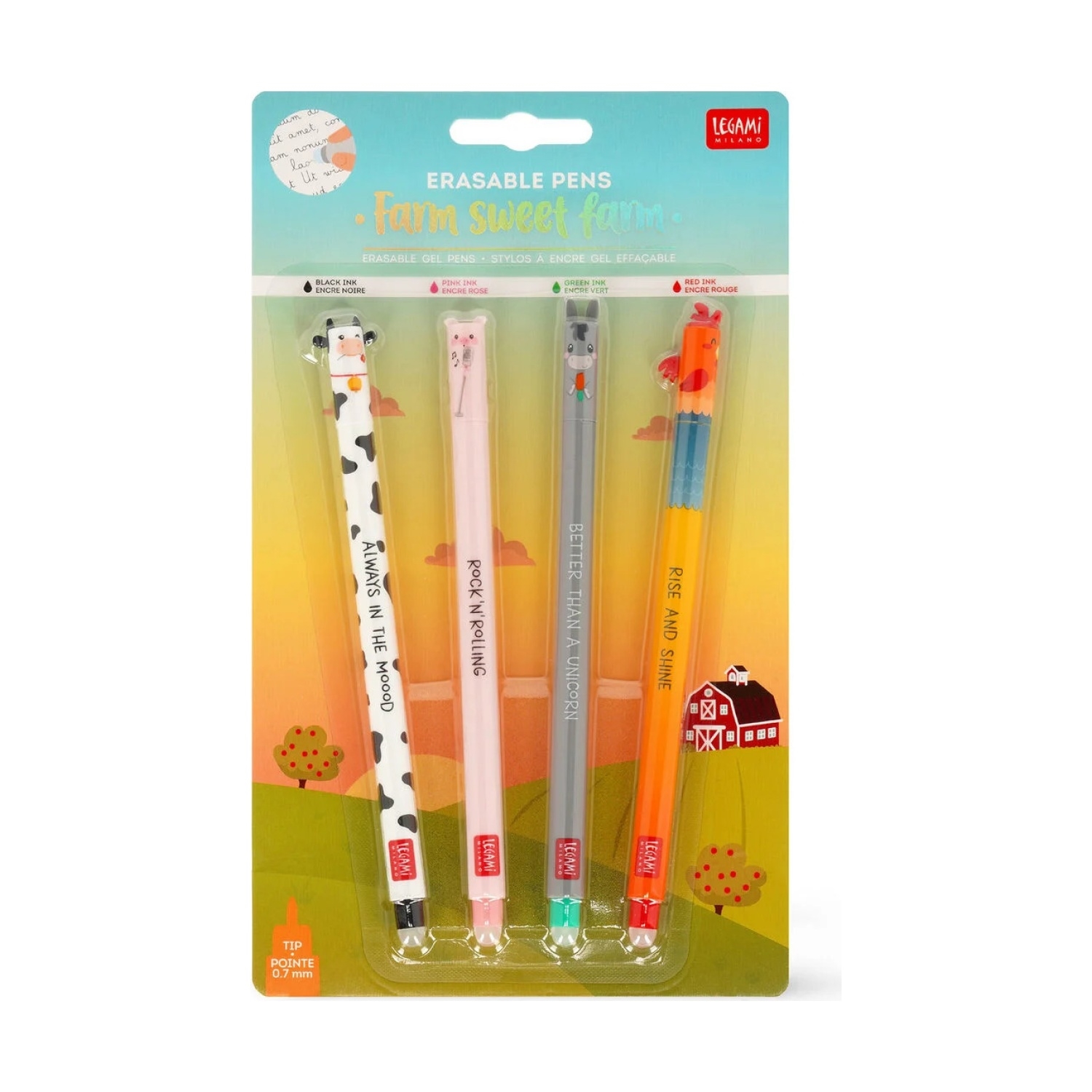 Legami EPSET0016 FARM SWEET FARM - SET OF 4 ERASABLE GEL PENS - COW